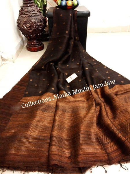 Brown Matka Silk Mark Certified Muslin Jamdani Sarees