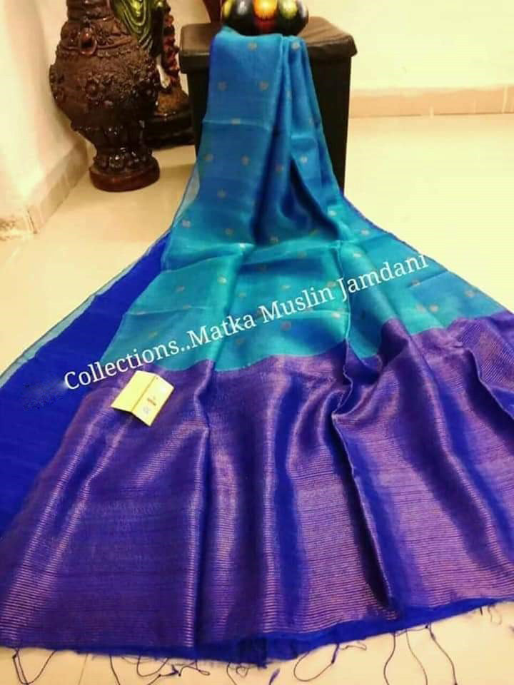 Blue Matka Silk Mark Certified Muslin Jamdani Sarees Get Extra 10% Discount on All Prepaid Transaction