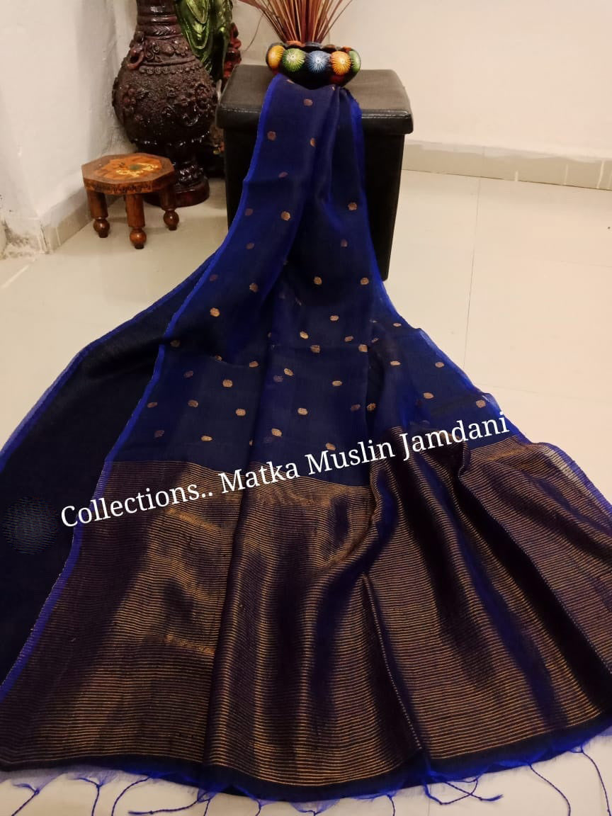 Blue Brown Matka Silk Mark Certified Muslin Jamdani Sarees - Dailybuyys