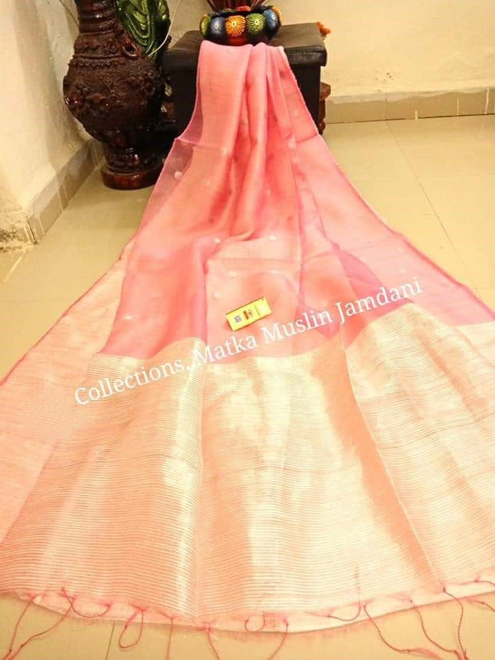 Pink Matka Silk Mark Certified Muslin Jamdani Sarees - Dailybuyys