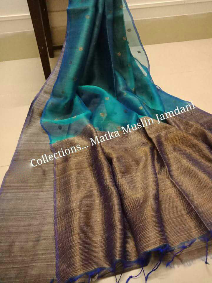 Blue Brown Matka Silk Mark Certified Muslin Jamdani Sarees - Dailybuyys
