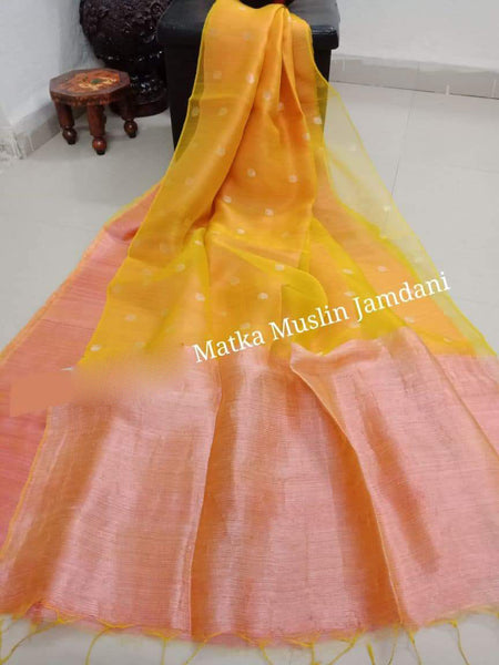 Yellow Matka Silk Mark Certified Muslin Jamdani Sarees