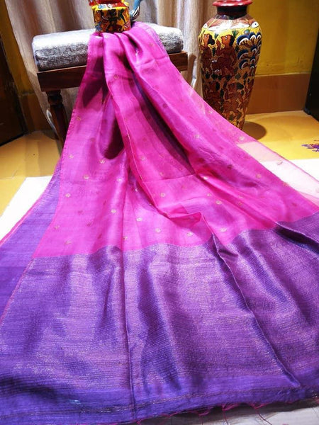 Purple Blue Matka Silk Mark Certified Muslin Jamdani Sarees