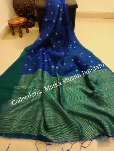 Blue Green Matka Silk Mark Certified Muslin Jamdani Sarees
