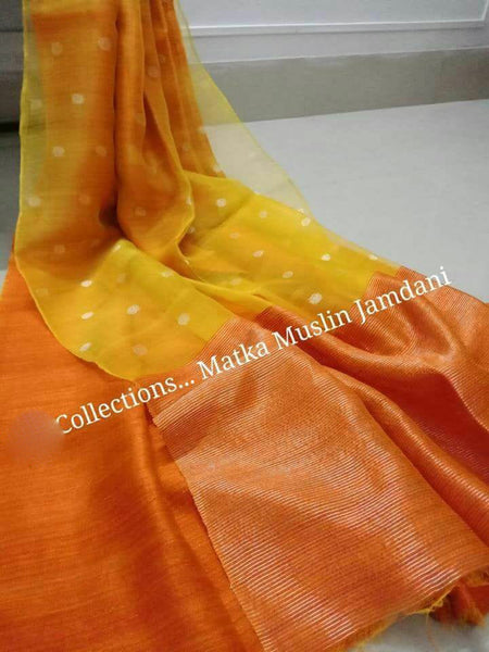 Yellow Orange Matka Silk Mark Certified Muslin Jamdani Sarees