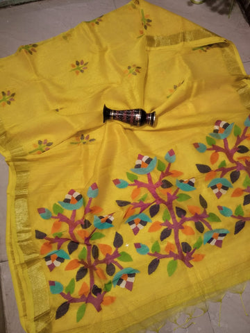 Yellow Pure Linen Jamdani Sarees Get Extra 10% Discount on All Prepaid Transaction