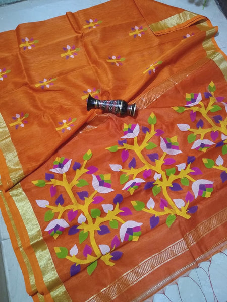 Orange Pure Linen Jamdani Sarees