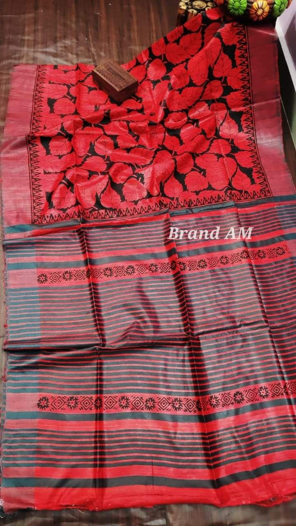 Red Handpaint Pure Silk Mark Certified Tussar Ghicha Silk Sarees