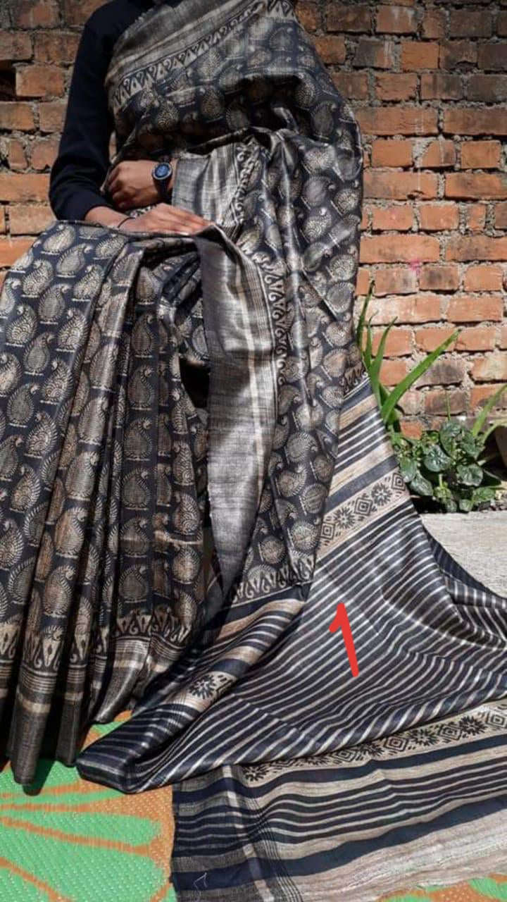 Grey Handpaint Pure Silk Mark Certified Tussar Ghicha Silk Sarees - Dailybuyys