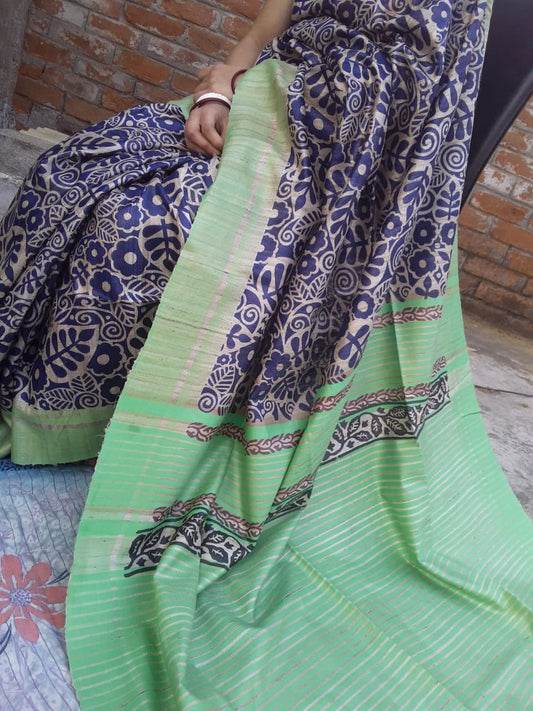 Blue Green Handpaint Pure Silk Mark Certified Tussar Ghicha Silk Sarees - Dailybuyys