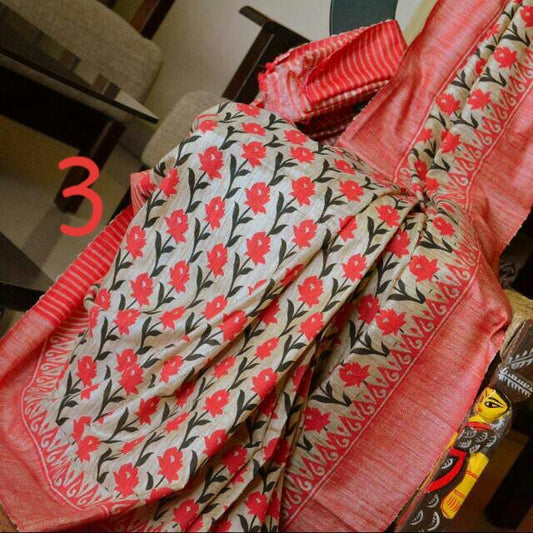 Red Beige Handpaint Pure Silk Mark Certified Tussar Ghicha Silk Sarees - Dailybuyys