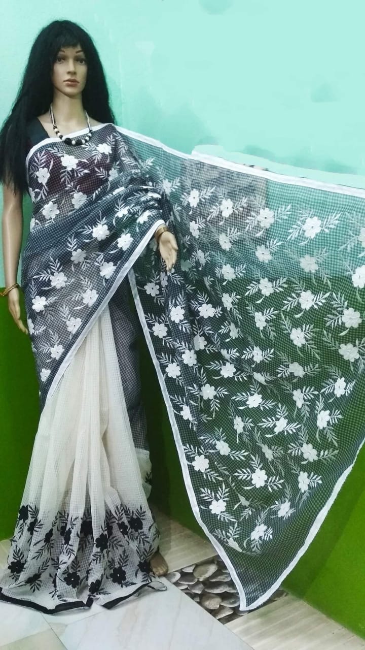 White Black Applique Sarees - Dailybuyys