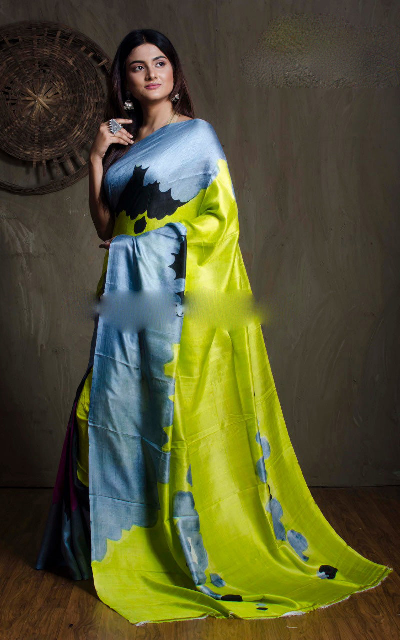 Blue Yellow Pure Silk Mark Certified Murshidabad Silk Sarees - Dailybuyys