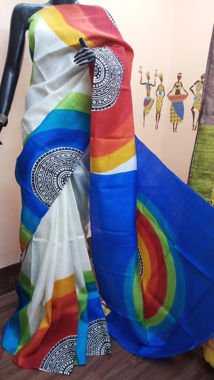 Beige Blue Pure Silk Mark Certified Murshidabad Silk Sarees - Dailybuyys