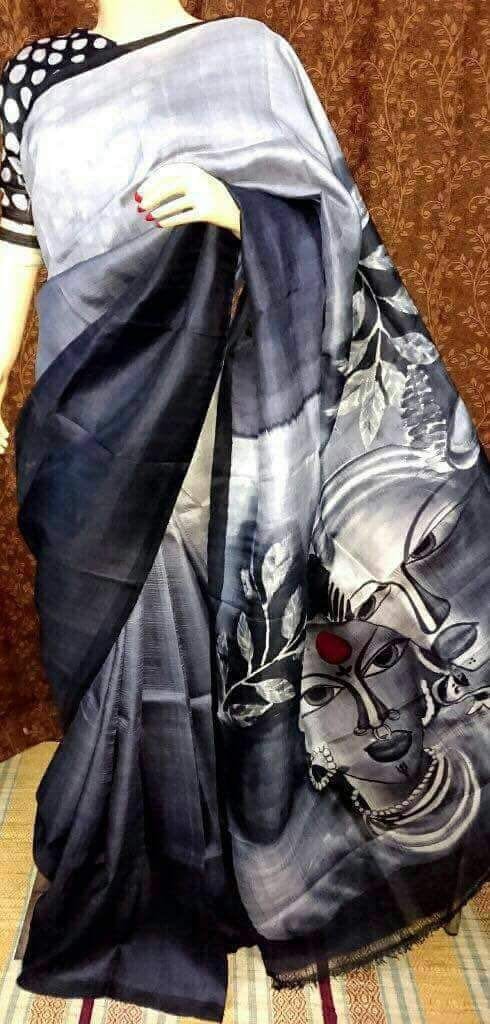 Beige Black Pure Silk Mark Certified Murshidabad Silk Sarees - Dailybuyys