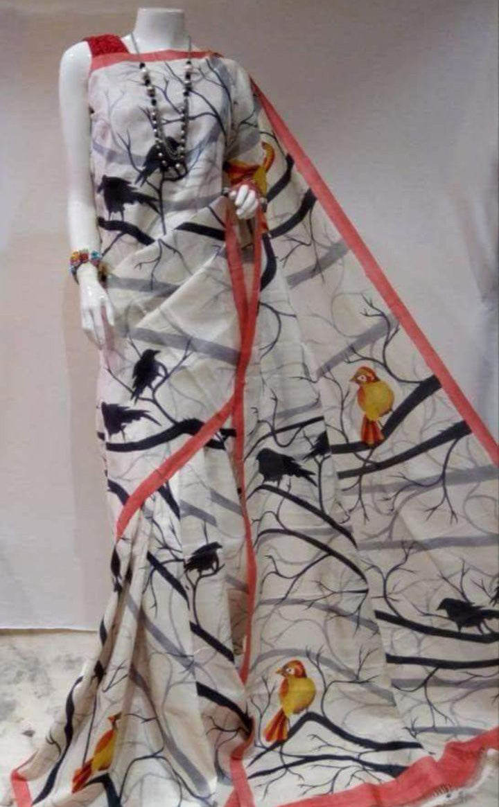 Beige Pure Hand Painted Silk Mark Certified Murshidabad Silk Sarees - Dailybuyys