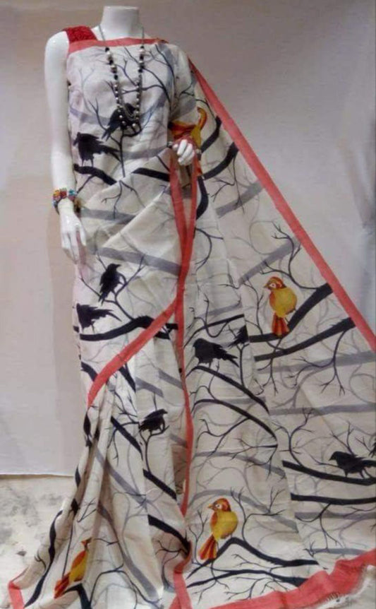 Beige Pure Hand Painted Silk Mark Certified Murshidabad Silk Sarees - Dailybuyys