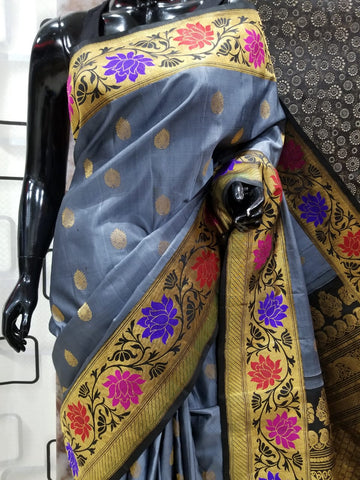 Grey Gadwal Pure Silk Sarees Get Extra 10% Discount on All Prepaid Transaction