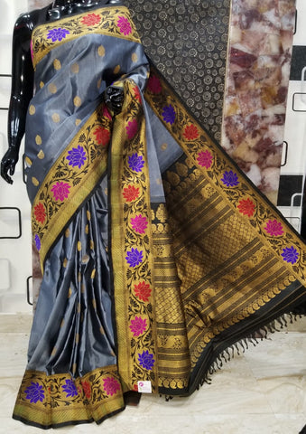 Grey Gadwal Pure Silk Sarees Get Extra 10% Discount on All Prepaid Transaction
