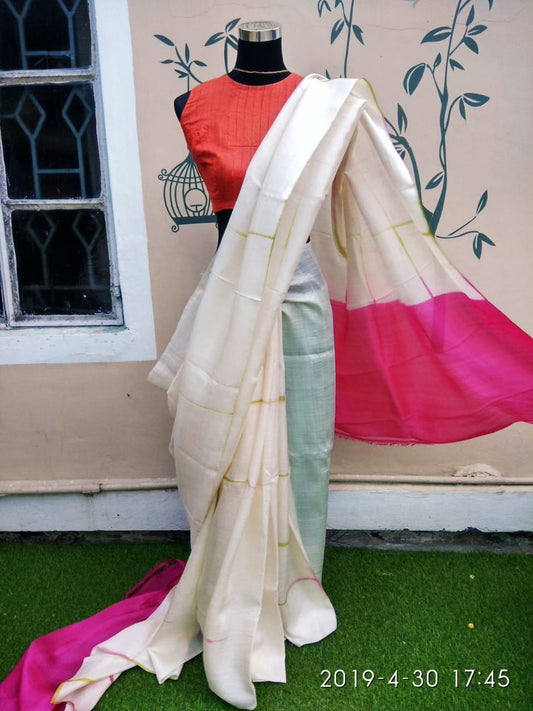 Beige Pure Silk Mark Certified Murshidabad Silk Sarees - Dailybuyys