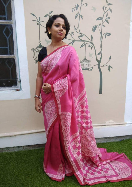 Pink Pure Silk Mark Certified Murshidabad Silk Sarees - Dailybuyys