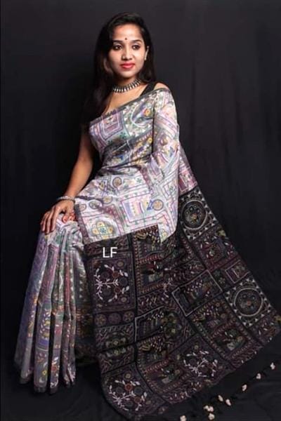 Beige Black Bengal Handloom Silk Sarees Get Extra 10% Discount on All Prepaid Transaction
