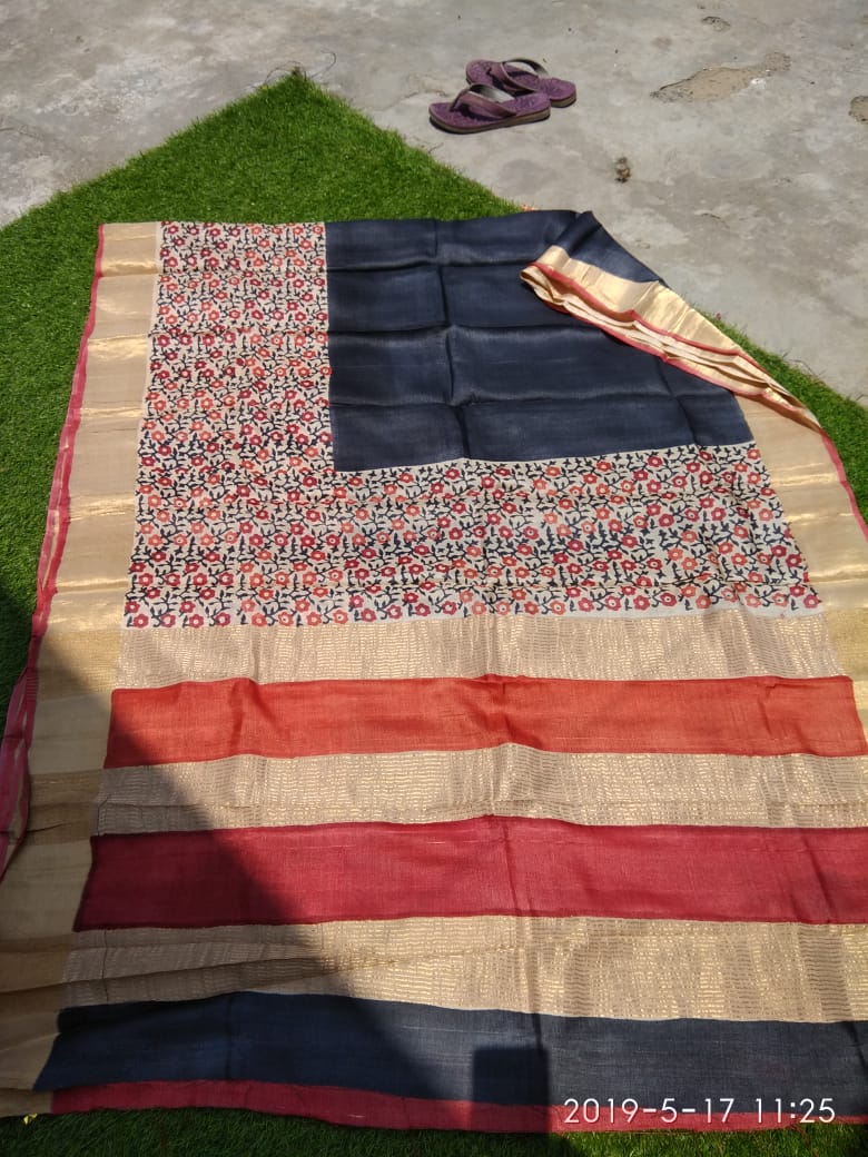 Blue Beige Block Printed  Zari Border Pure Silk Mark Certified Tussar Silk Sarees - Dailybuyys