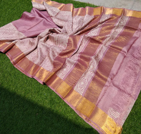 Pink Zari Block Printed  Zari Border Pure Silk Mark Certified Tussar Silk Sarees - Dailybuyys