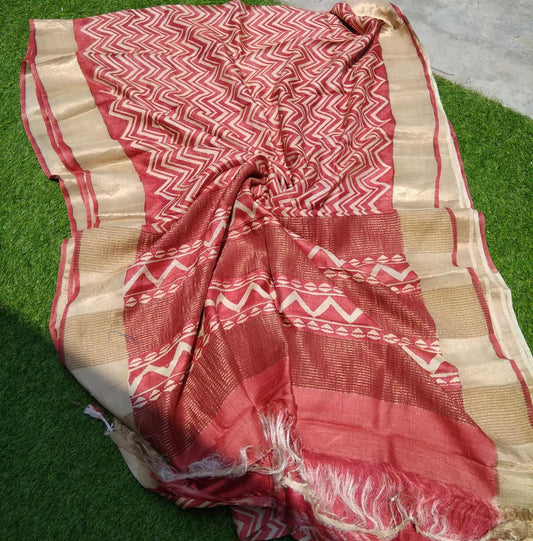 Red Beige Zari Block Printed   Zari Border Pure Silk Mark Certified Tussar Silk Sarees - Dailybuyys