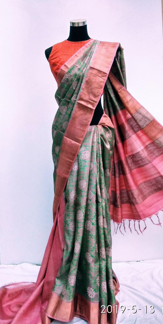 Grey Red Zari Block Printed  Zari Border Pure Silk Mark Certified Tussar Silk Sarees - Dailybuyys