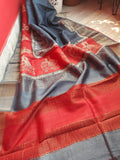 Grey Red Zari Block Printed  Zari Border Pure Silk Mark Certified Tussar Silk Sarees