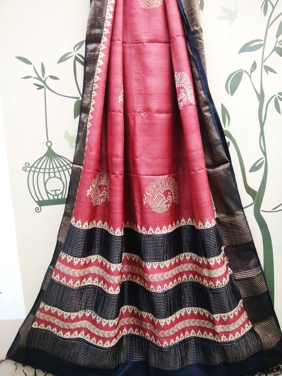 Pink Black Zari Block Printed  Zari Border Pure Silk Mark Certified Tussar Silk Sarees - Dailybuyys