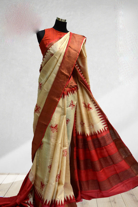 Beige Red  Block Printed Zari Border Pure Silk Mark Certified Tussar Silk Sarees - Dailybuyys