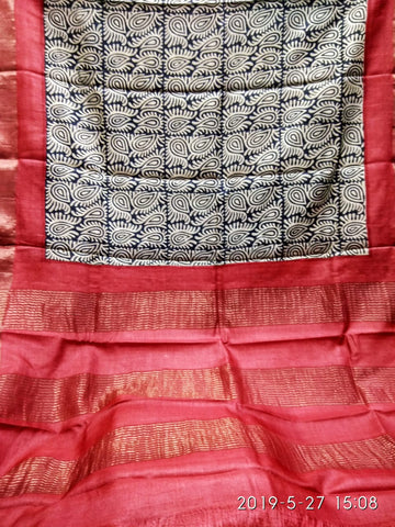 Red Beige Zari Block Printed  Zari Border Pure Silk Mark Certified Tussar Silk Sarees