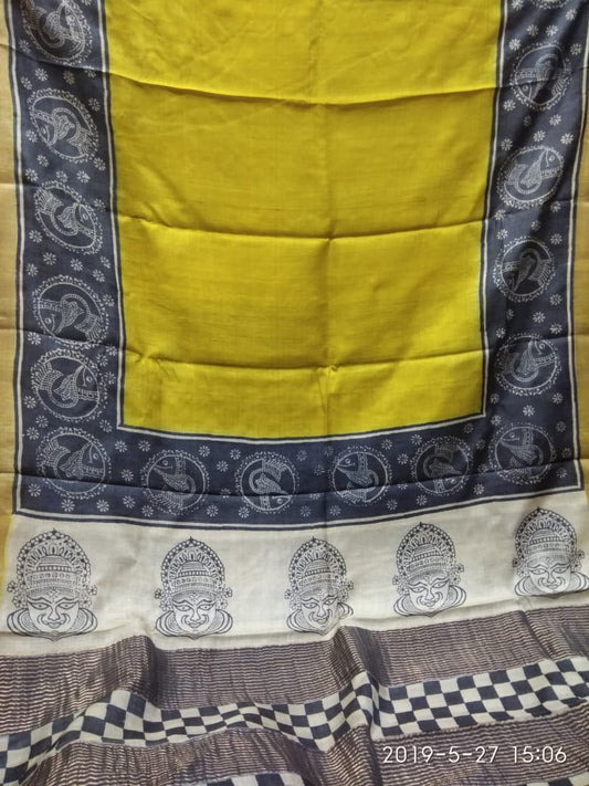 Yellow Beige Zari  Block Printed  Zari Border Pure Silk Mark Certified Tussar Silk Sarees - Dailybuyys