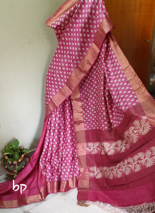 Purple Zari  Block Printed Zari Border Pure Silk Mark Certified Tussar Silk Sarees - Dailybuyys