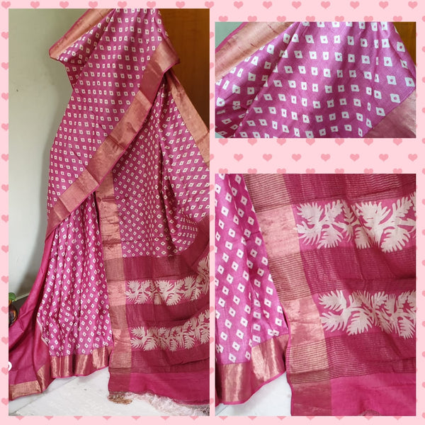 Purple Zari  Block Printed Zari Border Pure Silk Mark Certified Tussar Silk Sarees