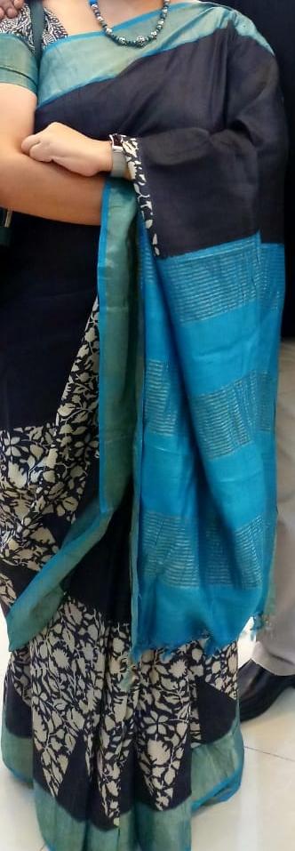 Blue Black  Block Printed Zari Border Pure Silk Mark Certified Tussar Silk Sarees - Dailybuyys