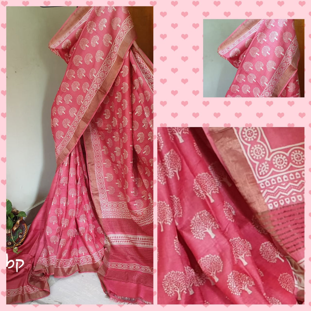 Pure Tussar Ghicha Silk Saree with Zari Border and Printed Design – Silk Mark Certified Handloom Saree