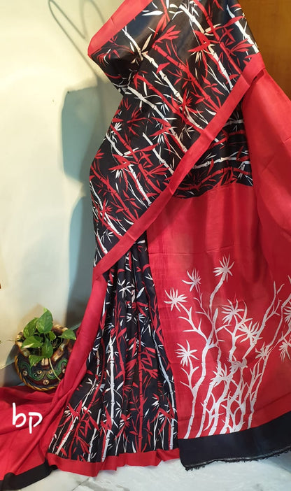 Black Red Hand Painted Pure Silk Mark Certified Bishnupuri Silk Sarees - Dailybuyys