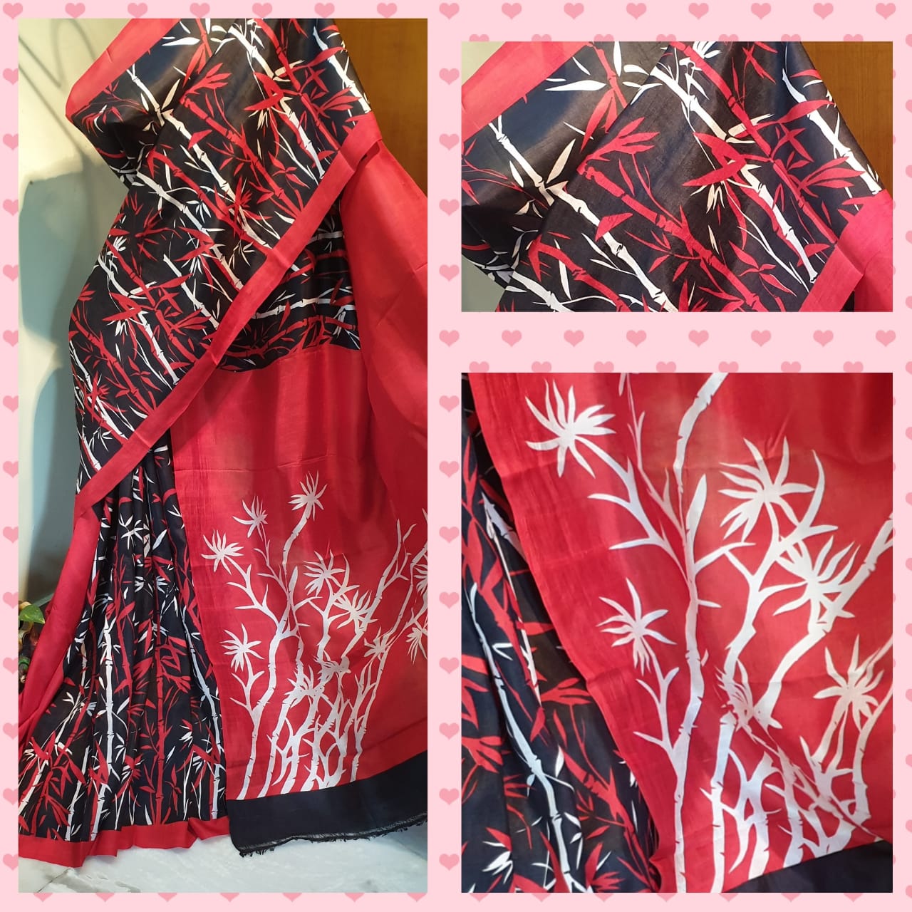 Black Red Hand Painted Pure Silk Mark Certified Bishnupuri Silk Sarees