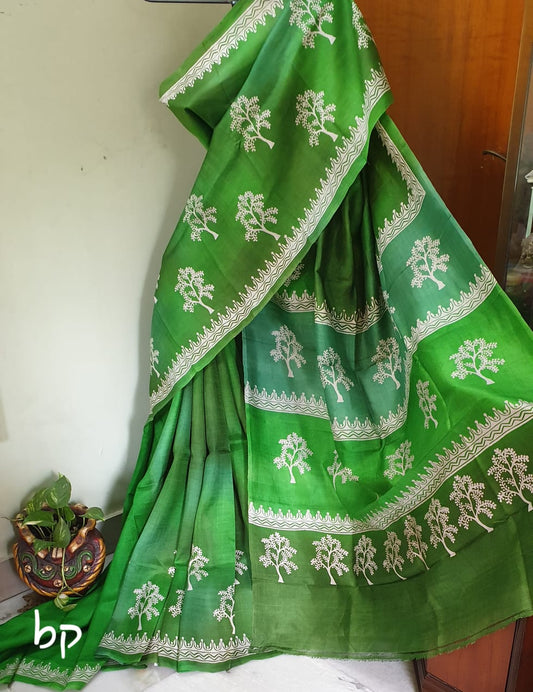 Green Pure Block Printed Silk Mark Certified Bishnupuri Silk Sarees - Dailybuyys