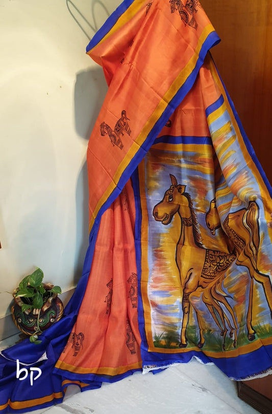 Orange Hand Painted Pure Silk Mark Certified Bishnupuri Silk Sarees - Dailybuyys