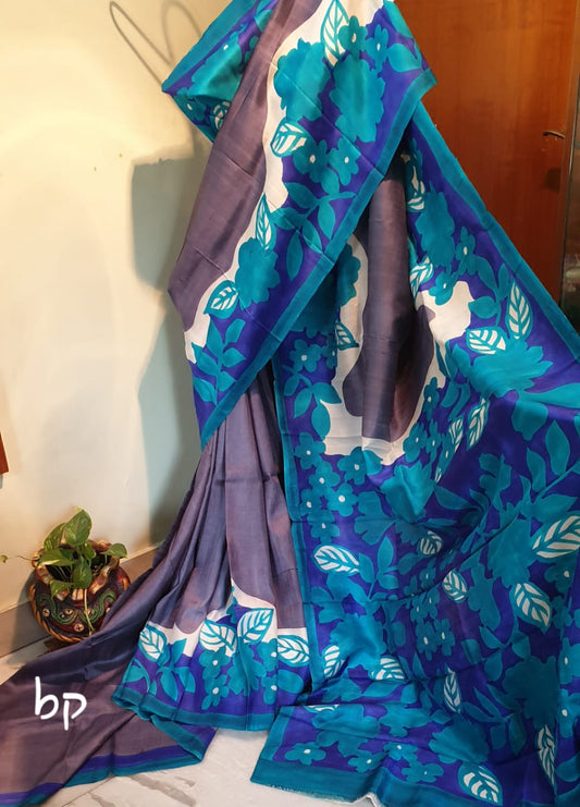 Grey Blue Pure Silk Mark Certified Bishnupuri Silk Sarees - Dailybuyys