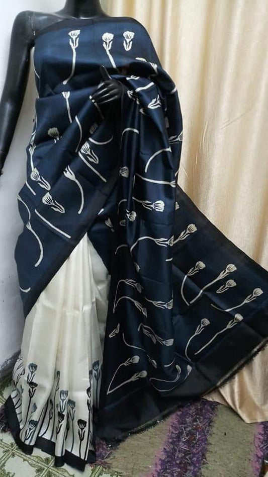 Grey White Hand Painted Pure Silk Mark Certified Bishnupuri Silk Sarees - Dailybuyys