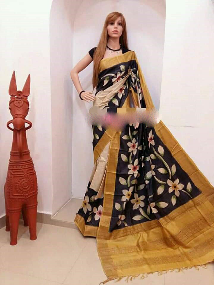 Black Yellow Hand Painted Pure Silk Mark Certified Bishnupuri Silk Sarees