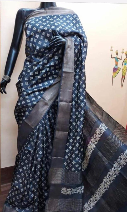 Grey Blue Block Printed   Zari Border Pure Silk Mark Certified Tussar Silk Sarees - Dailybuyys