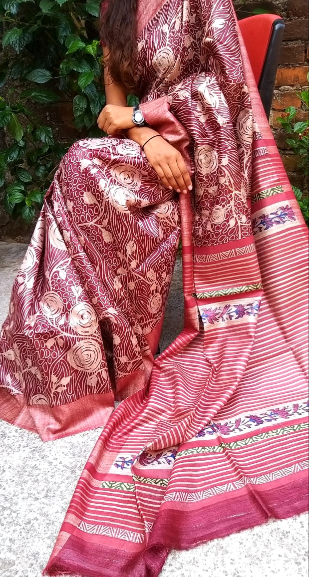 Red Digital Printed Pure Silk Mark Certified Tussar Ghicha Silk Sarees - Dailybuyys