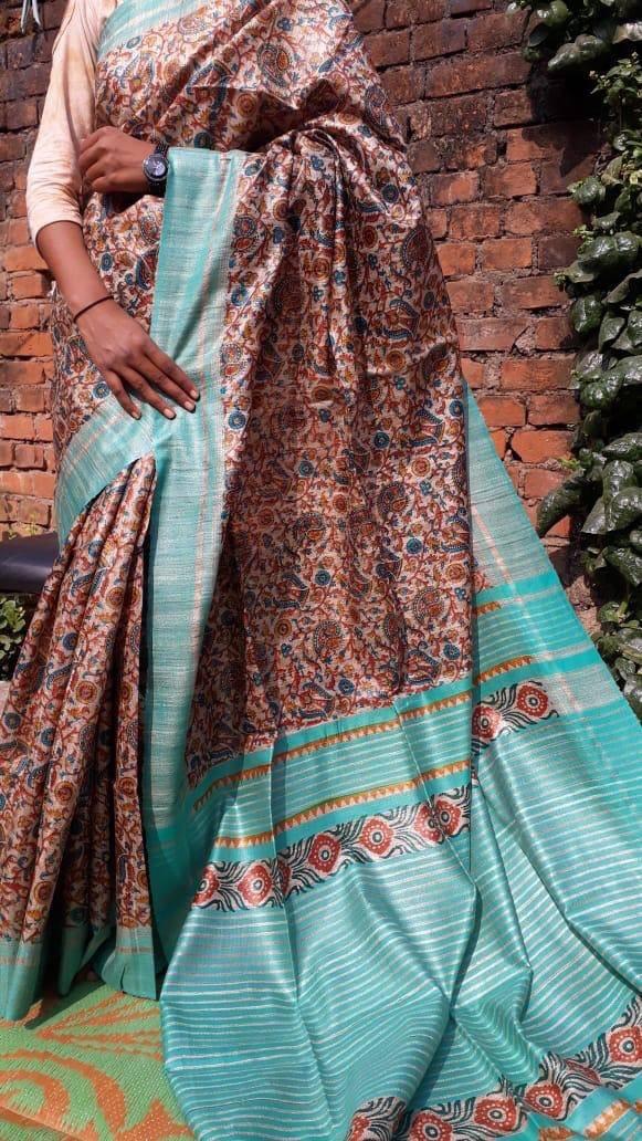 Beige Blue  Block Printed Zari Border Pure Silk Mark Certified Tussar Silk Sarees - Dailybuyys