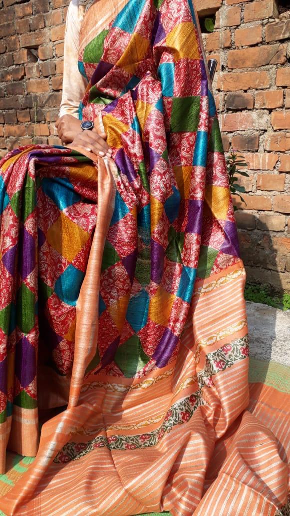 Multi Color Digital Printed Pure Silk Mark Certified Tussar Ghicha Silk Sarees - Dailybuyys